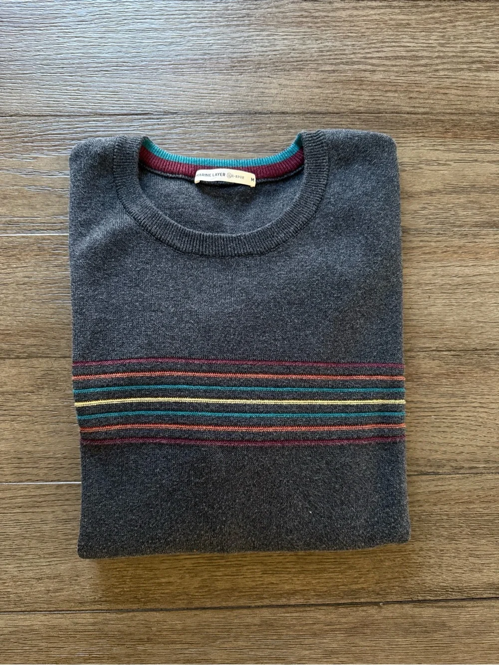 Marine Layer - Men's Gray Crewneck Sweater with Multicolor Stripe